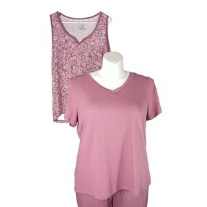 Live 2 Lounge Womens‎ 3 Piece Pajama Set 2XL Mauve Solid Top Pant Floral Tank LN